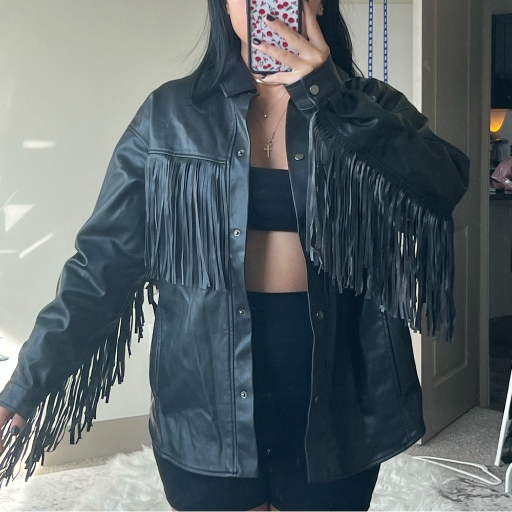 Fringe faux leather shacket/jacket